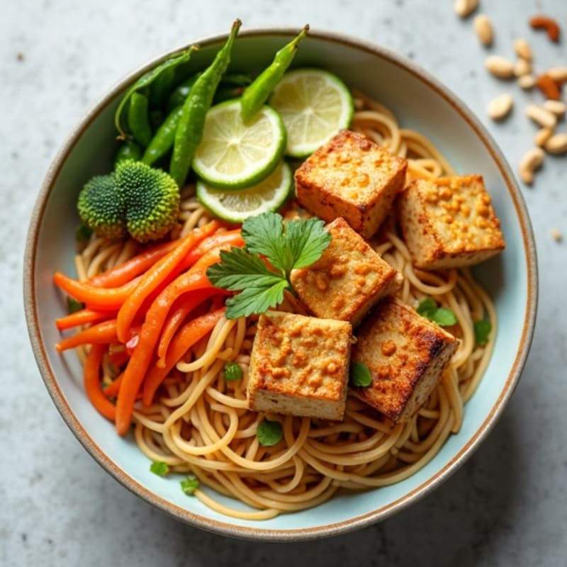 Creamy Thai Peanut Noodles with Crispy Tofu and Fresh Vegetables