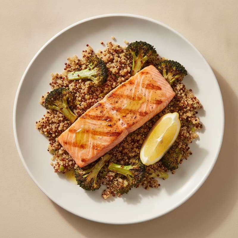 Grilled Salmon over Crunchy Quinoa and Roasted Broccoli