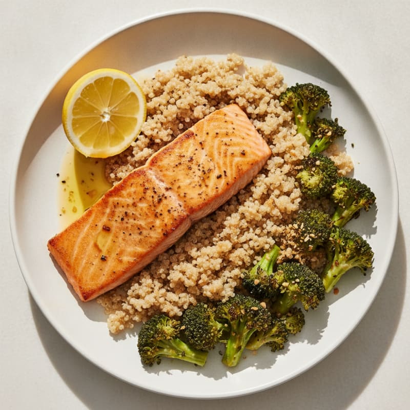 Seared Salmon with Roasted Broccoli and Quinoa