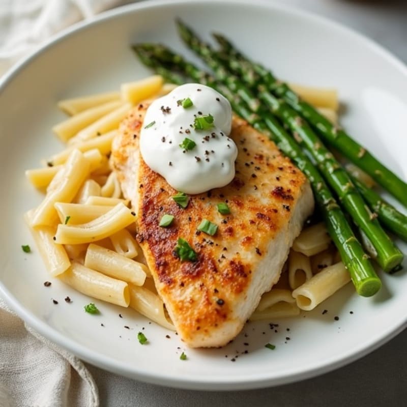 Creamy Lemon Chicken Pasta with Roasted Asparagus