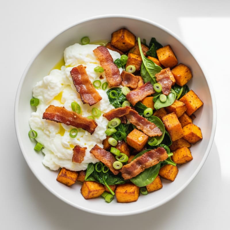 Crispy Turkey Bacon and Egg White Breakfast Bowl with Roasted Sweet Potatoes