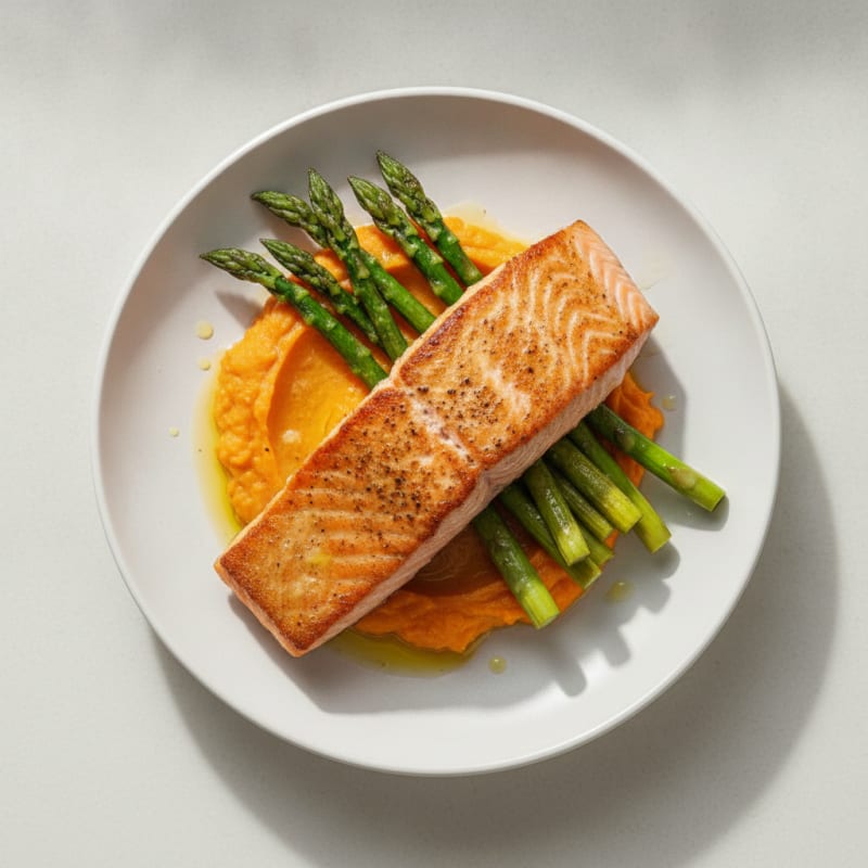 Seared Salmon Fillet with Roasted Asparagus and Sweet Potato Mash