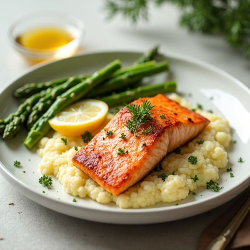 Seared Salmon with Steamed Asparagus and Garlic Mashed Cauliflower