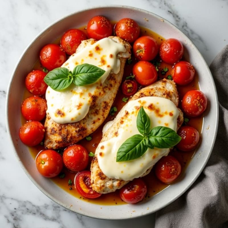 Sheet Pan Chicken with Roasted Tomatoes, Fresh Basil, and Melty Mozzarella