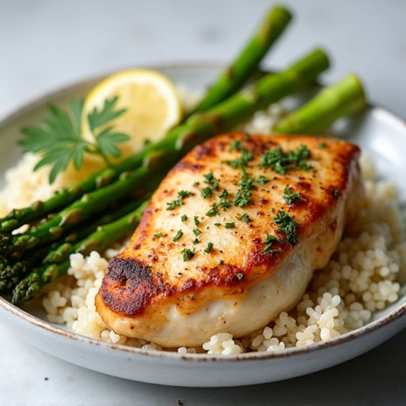 Seared Chicken Thighs with Herb Rice and Roasted Asparagus