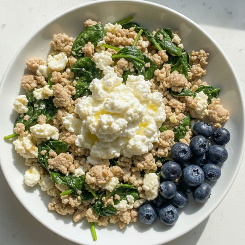 Egg White and Turkey Spinach Scramble with Cottage Cheese