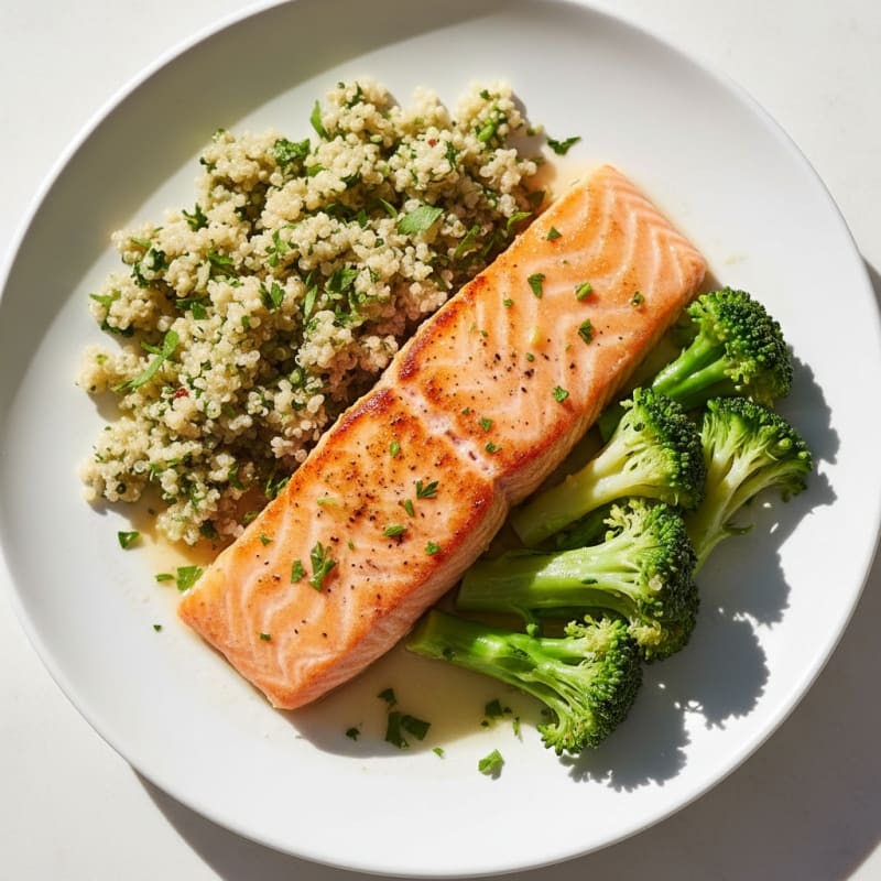 Seared Salmon with Steamed Broccoli and Herb Quinoa