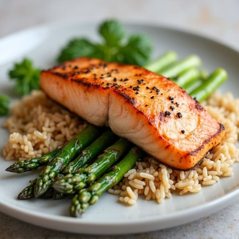 Seared Salmon Fillet with Steamed Asparagus and Brown Rice