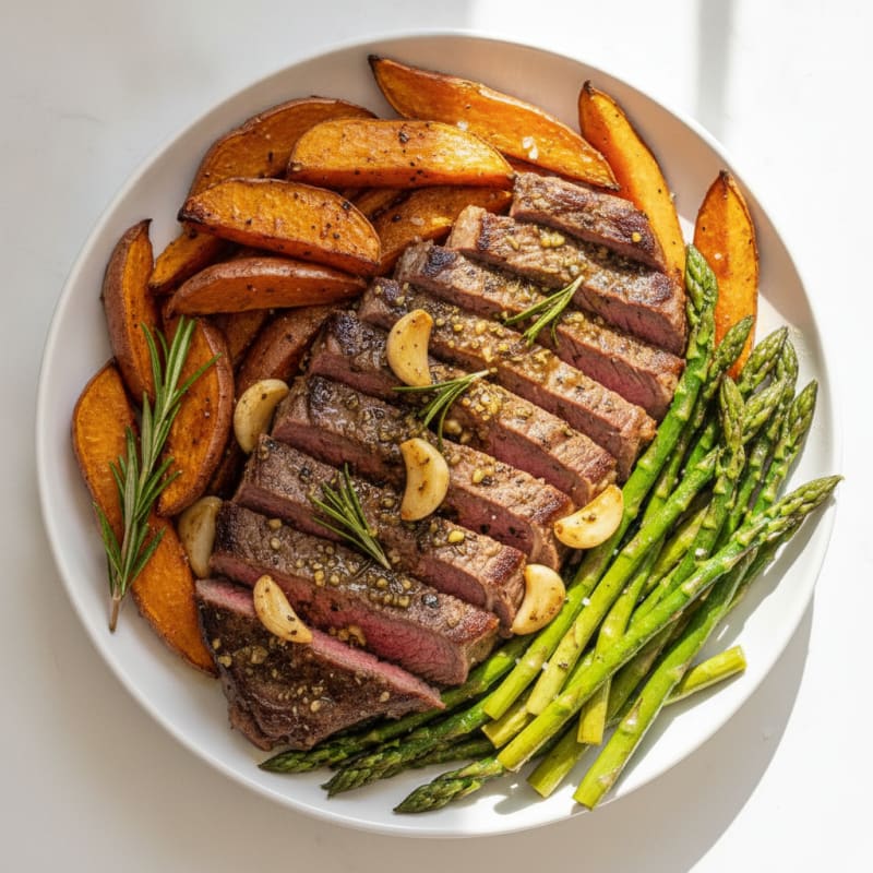 Garlic Herb Steak with Roasted Sweet Potatoes and Asparagus