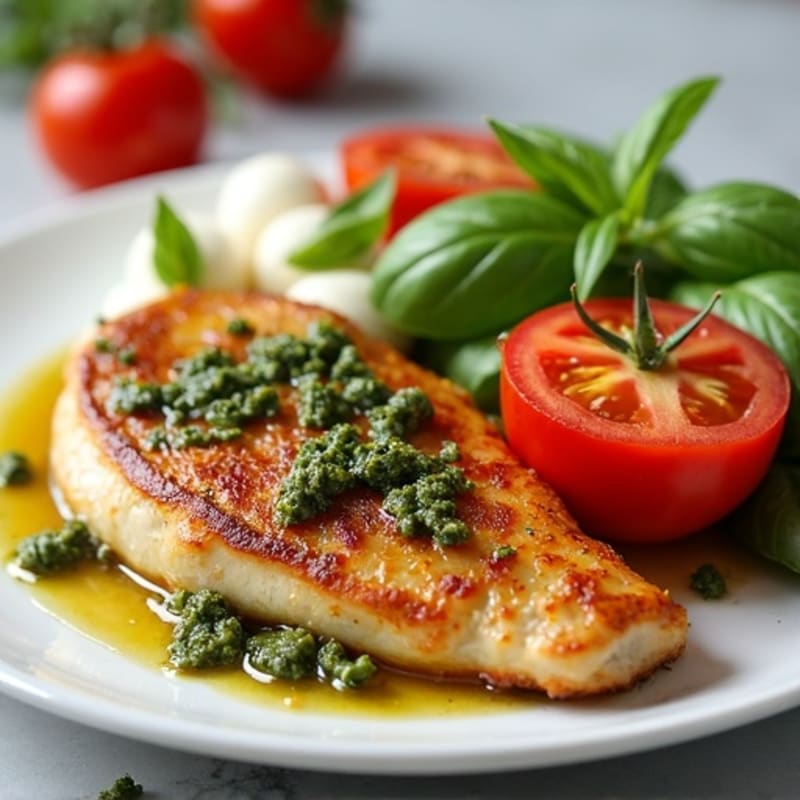 Pan-Seared Chicken with Fresh Tomato, Mozzarella, and Basil Pesto