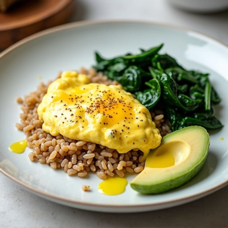 Creamy Greek Yogurt and Egg White Scramble with Rice and Sautéed Spinach
