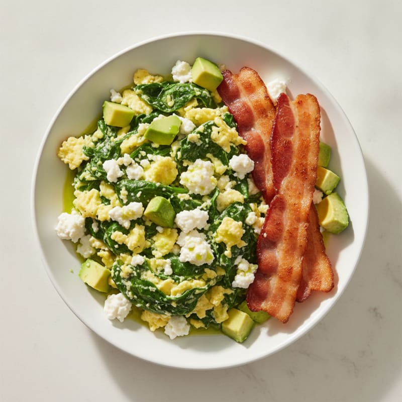 Cottage Cheese Egg Scramble with Sautéed Spinach and Turkey Bacon
