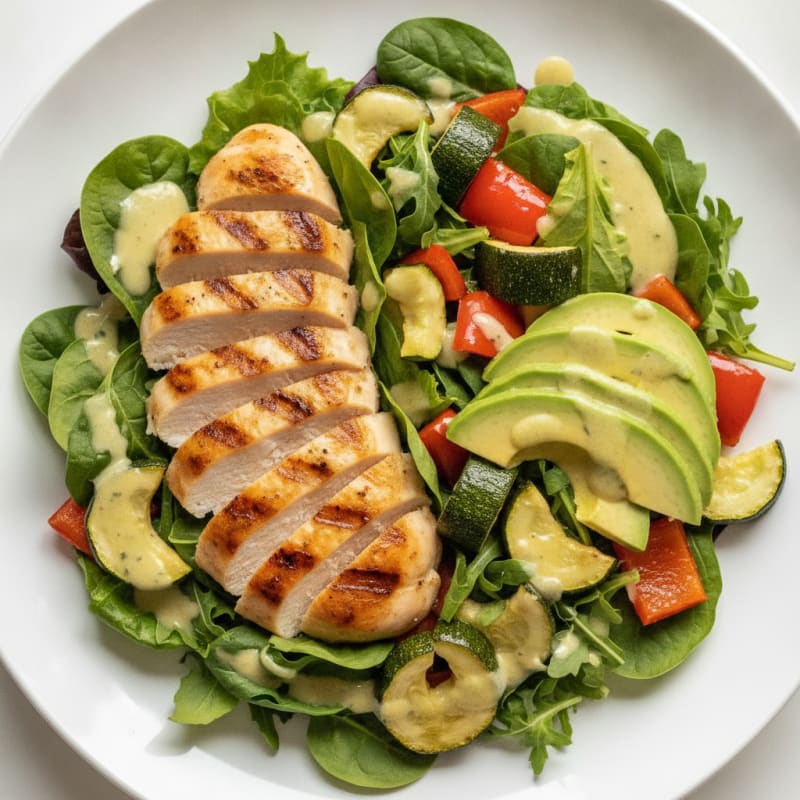 Grilled Chicken Salad with Avocado and Roasted Vegetables