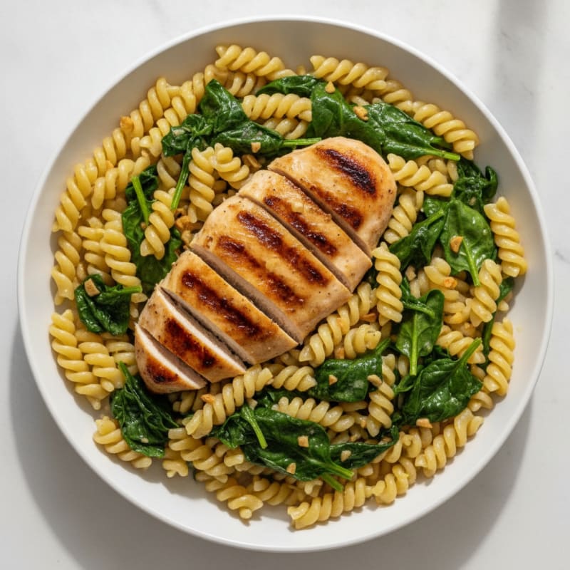 Grilled Chicken Breast with Chickpea Pasta and Spinach