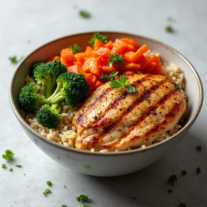 Chicken and Crispy Vegetable Brown Rice Bowl