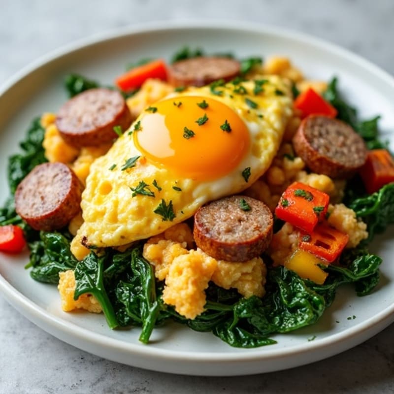 Lean Turkey Sausage and Egg Scramble with Sautéed Bell Peppers and Spinach