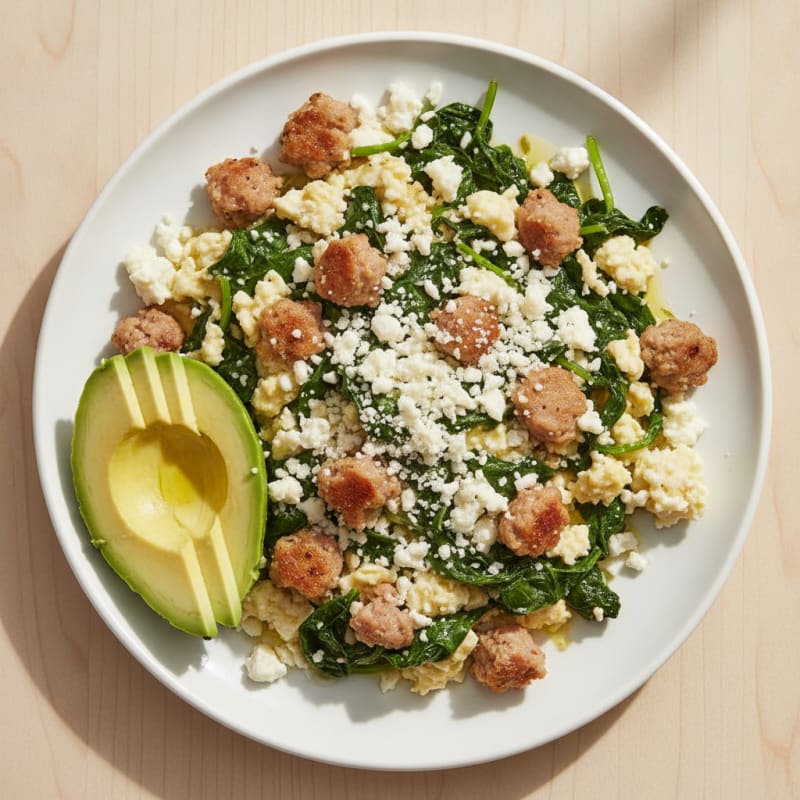 Egg White and Turkey Sausage Scramble with Sautéed Spinach and Feta