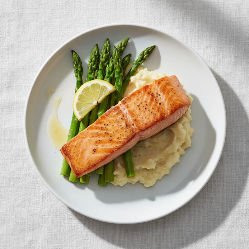 Seared Salmon with Steamed Asparagus and Cauliflower Mash