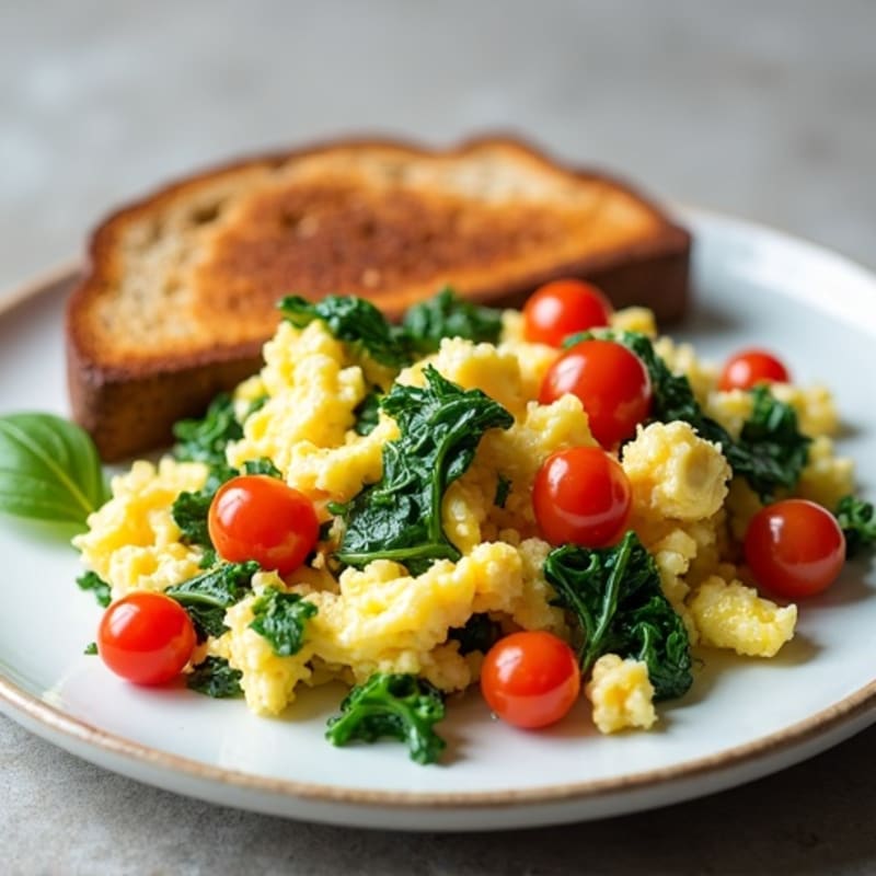 Cottage Cheese Egg Scramble with Sautéed Spinach and Cherry Tomatoes