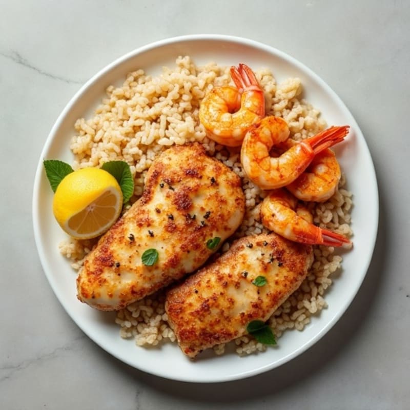 Crispy Lemon Garlic Chicken and Shrimp with Fluffy Brown Rice