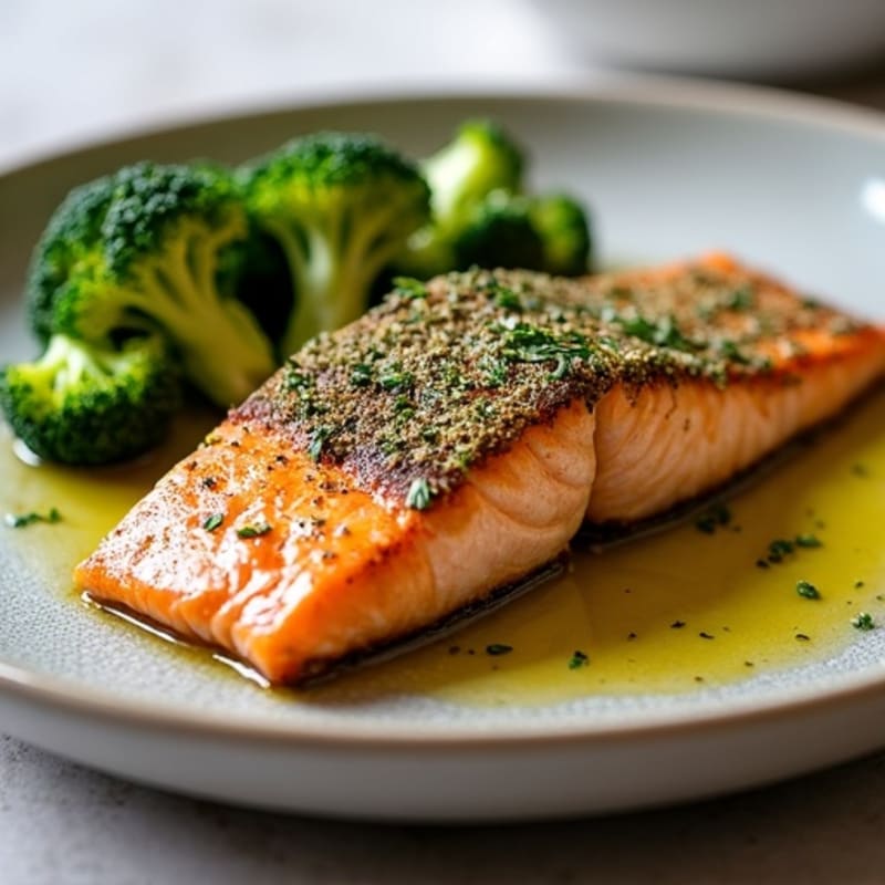 Herb-Crusted Pan Seared Salmon with Roasted Broccoli