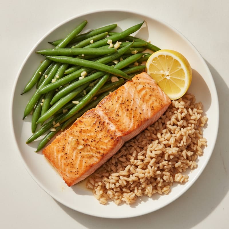 Seared Salmon with Garlic Green Beans and Brown Rice