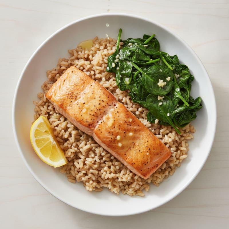 Seared Salmon with Garlic Spinach and Brown Rice