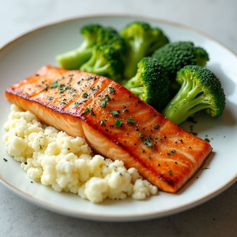 Seared Salmon Filet with Steamed Broccoli and Garlic Cauliflower Mash