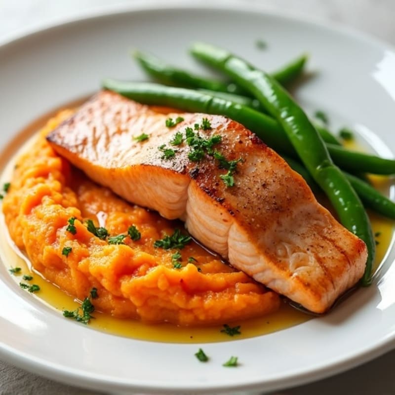 Seared Salmon with Steamed Green Beans and Sweet Potato Mash