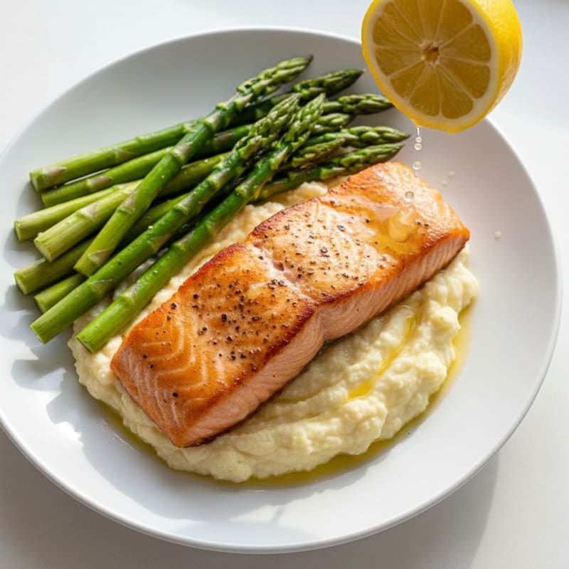 Seared Salmon with Steamed Asparagus and Cauliflower Mash