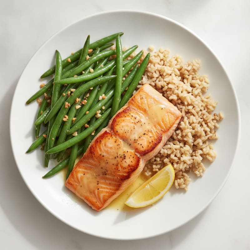 Seared Salmon Fillet with Garlic Green Beans and Brown Rice