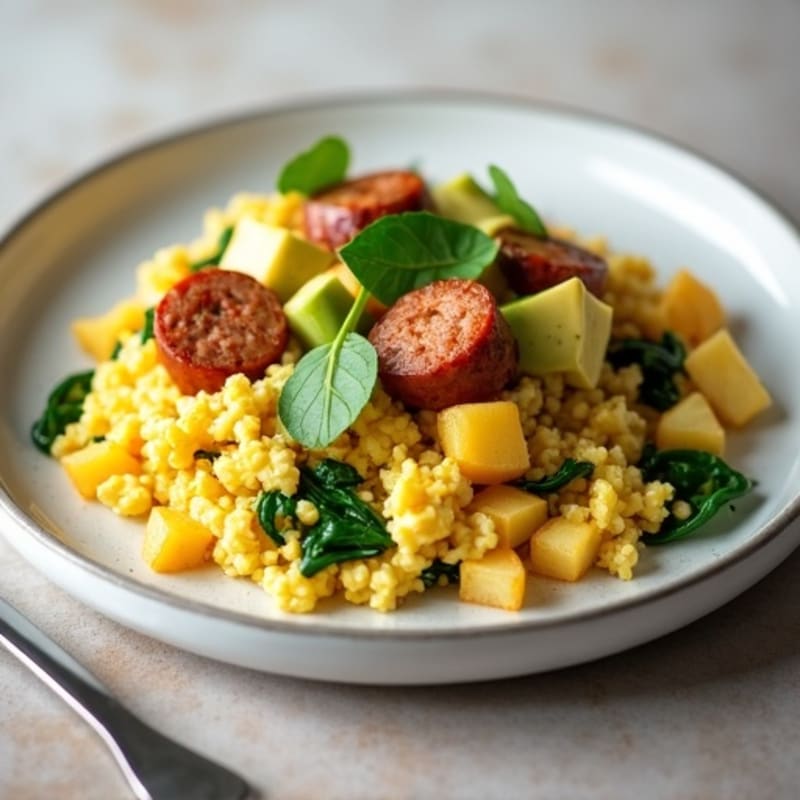 Egg White and Turkey Sausage Scramble with Baby Spinach