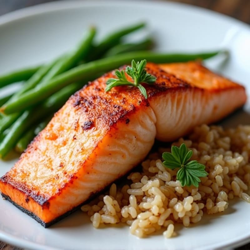 Seared Salmon Fillet with Steamed Green Beans and Brown Rice