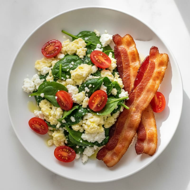 Cottage Cheese Scramble with Spinach and Turkey Bacon