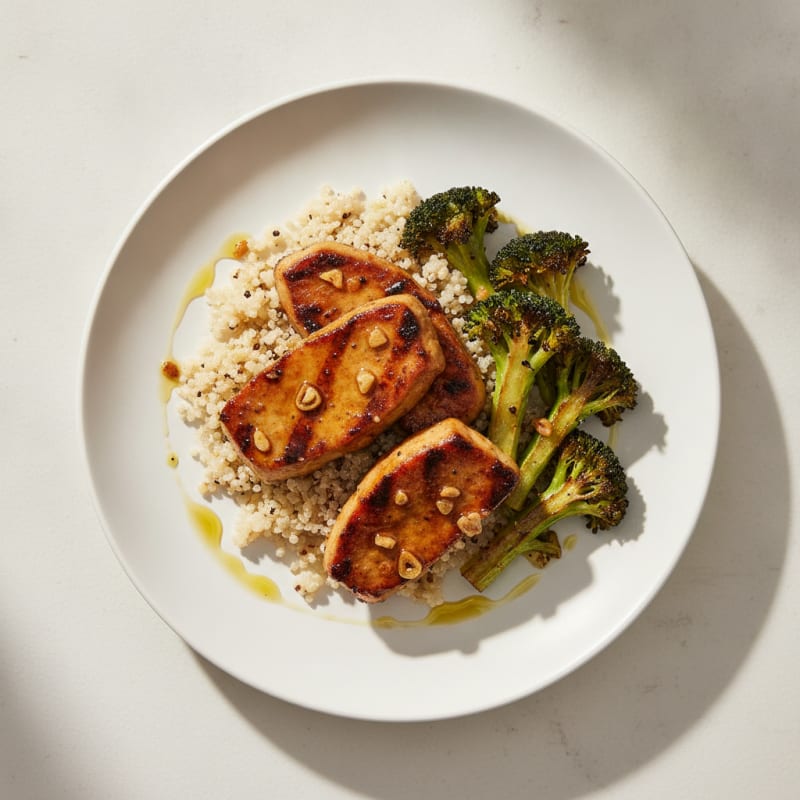 Grilled Marinated Seitan with Quinoa and Roasted Broccoli