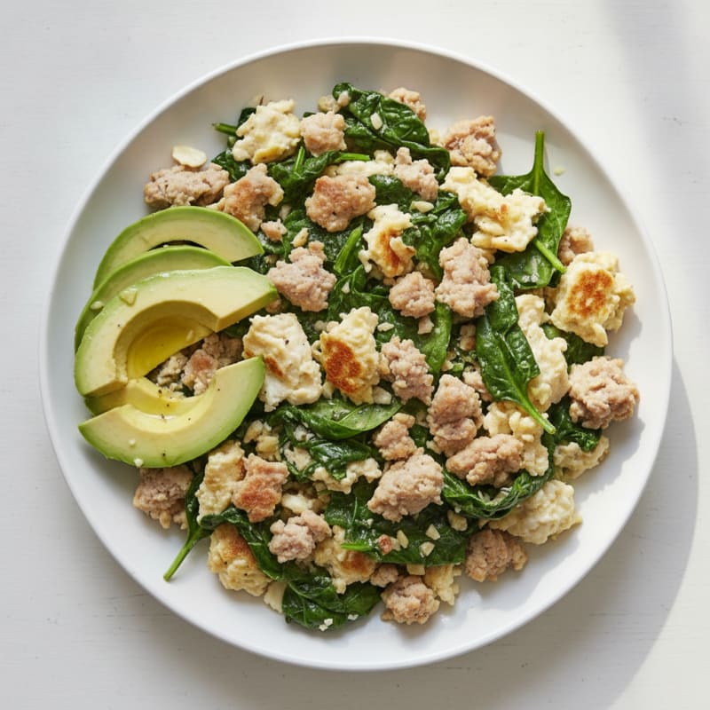 Egg White Scramble with Turkey Sausage and Sautéed Spinach