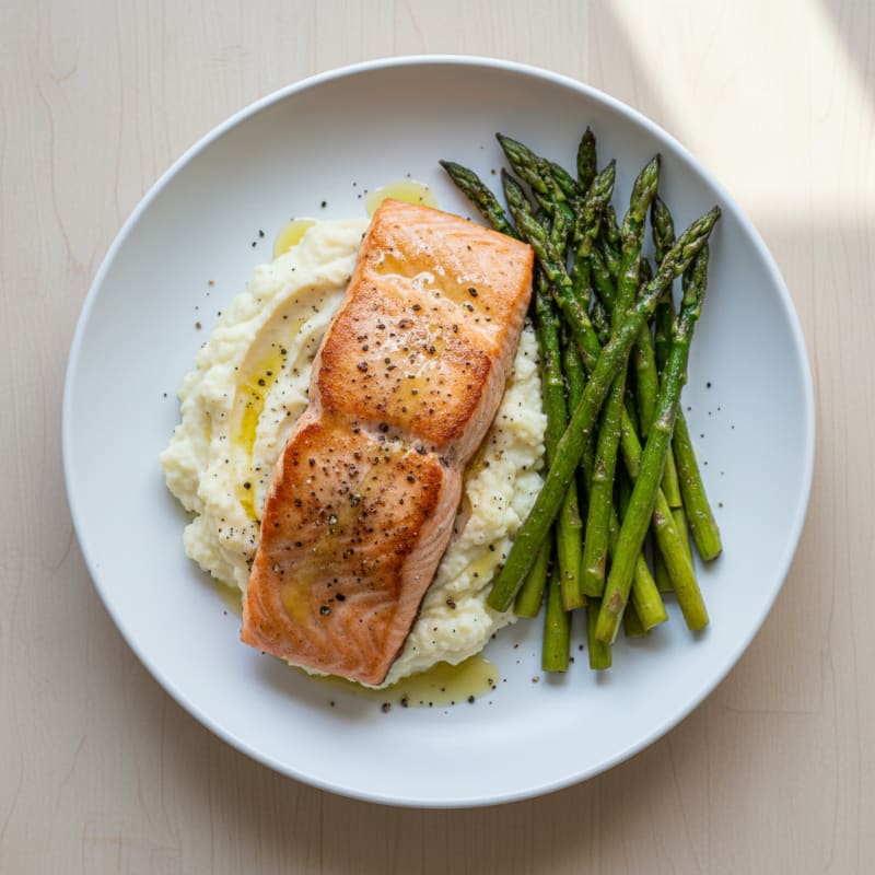 Seared Salmon Fillet with Roasted Asparagus and Cauliflower Mash