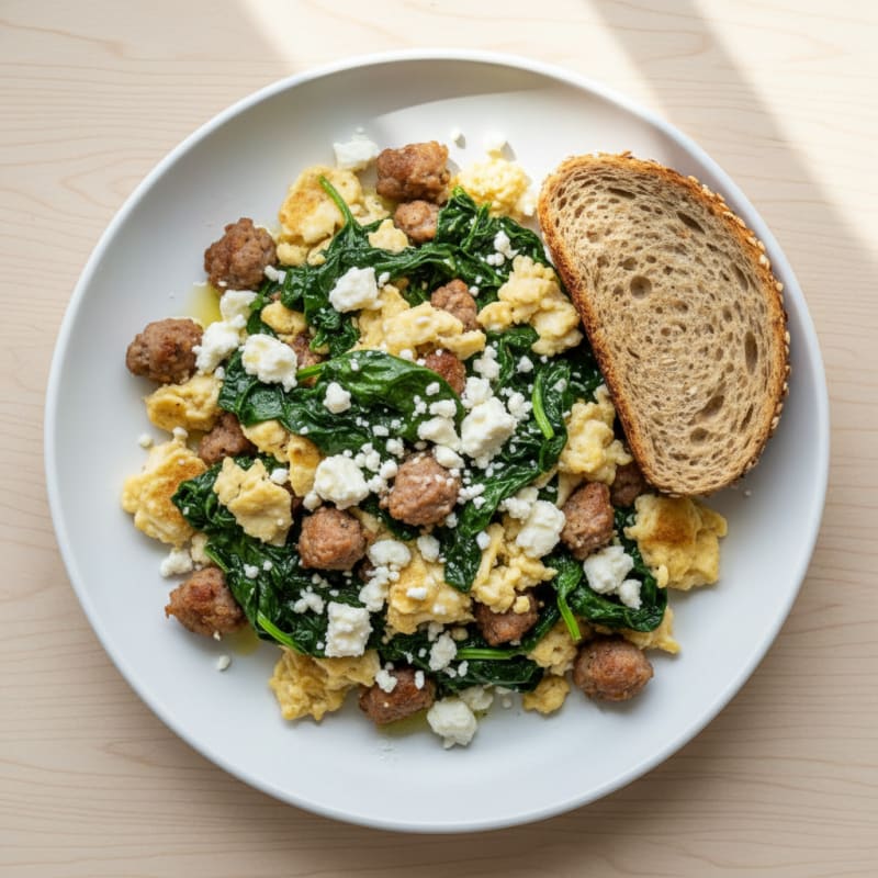 Egg White and Turkey Sausage Scramble with Spinach and Feta