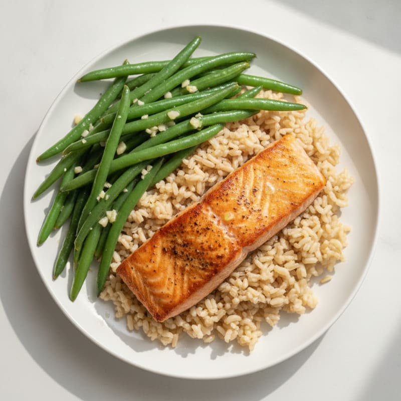 Seared Salmon with Garlic Green Beans and Brown Rice