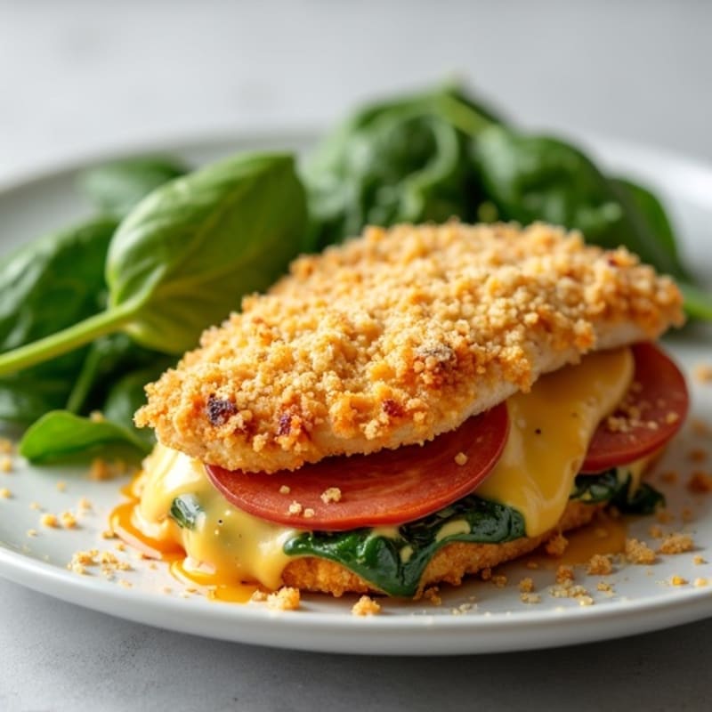 Cheesy Stuffed Chicken Breast with Spicy Turkey Pepperoni and Crispy Parmesan Topping