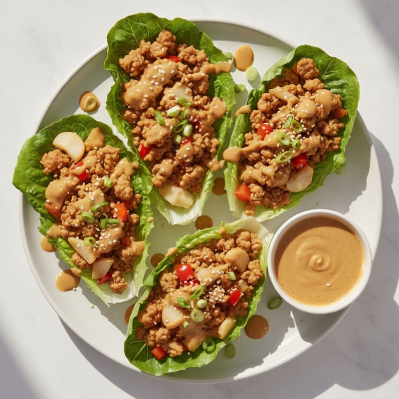 Turkey Mince Lettuce Wraps with Peanut Sauce