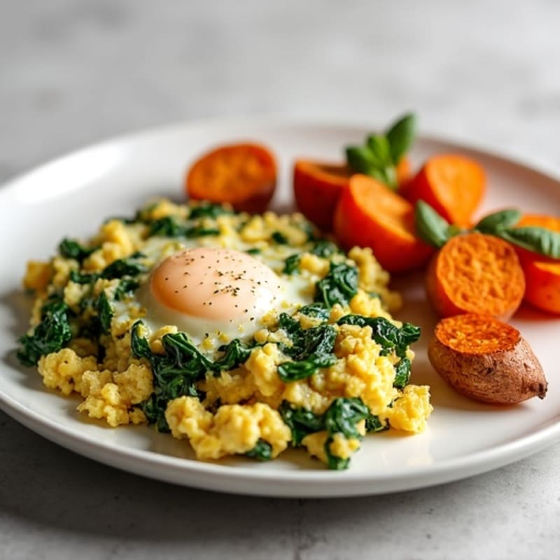 Egg White and Turkey Spinach Scramble with Roasted Sweet Potatoes