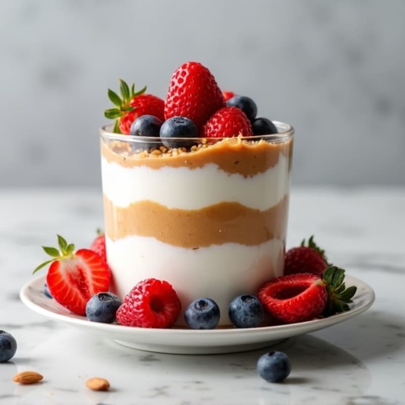 Cottage Cheese Greek Yogurt Parfait with Almond Butter and Berries