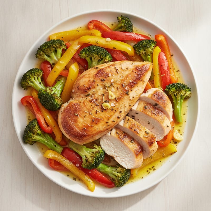 Pan-Seared Lemon-Herb Chicken with Roasted Rainbow Vegetables