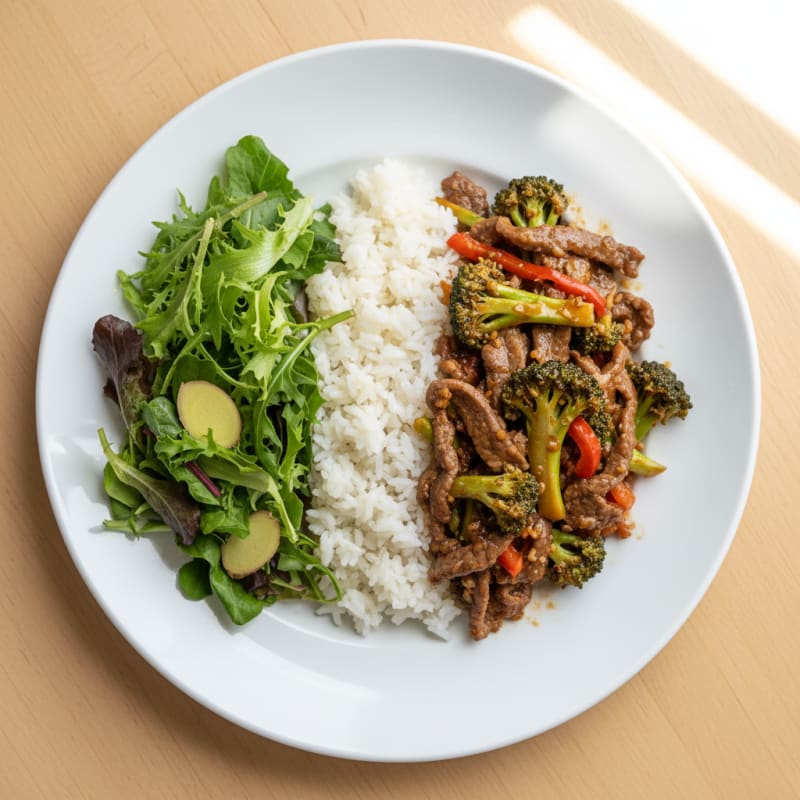 Lean Beef Stir-Fry with Jasmine Rice and Mixed Greens
