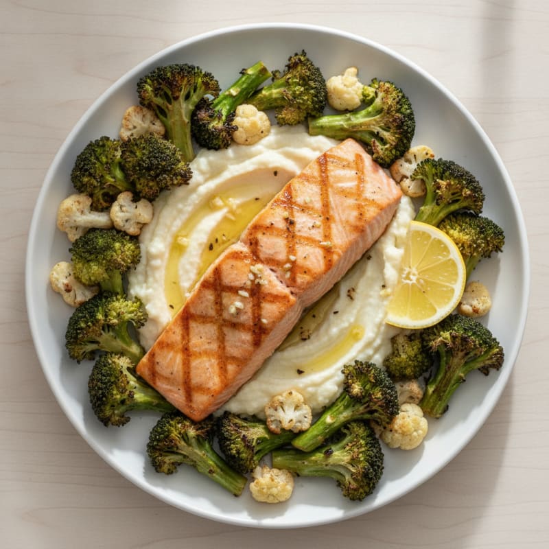 Seared Salmon with Roasted Broccoli and Cauliflower Mash