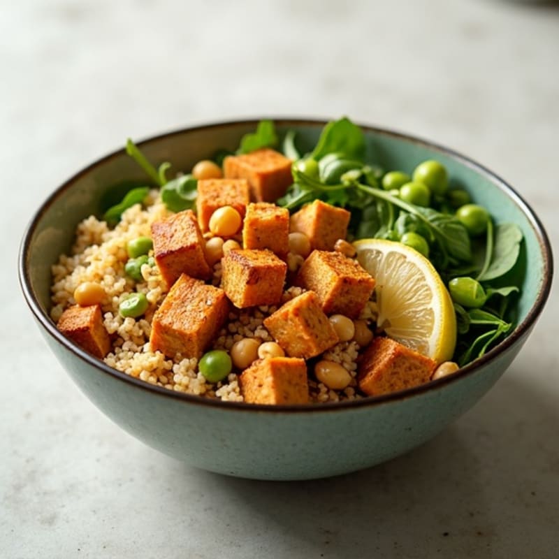 Crispy Tofu and Quinoa Power Bowl with Roasted Chickpeas