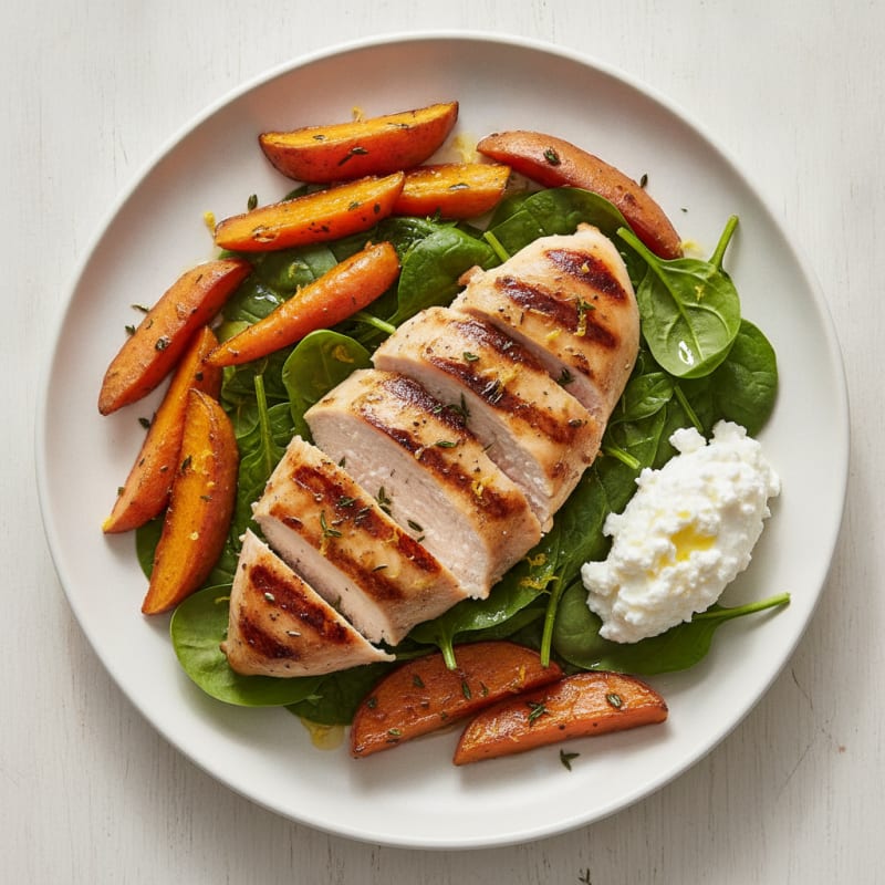 Grilled Chicken Breast with Roasted Carrots and Spinach Salad