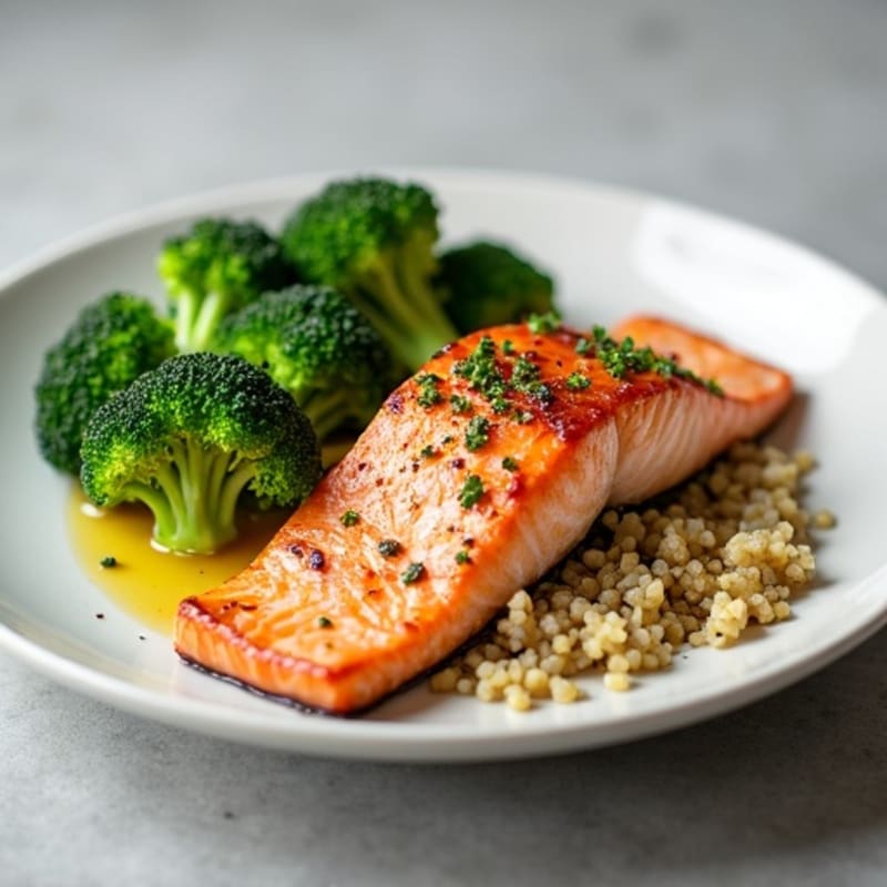 Seared Salmon Filet with Steamed Broccoli and Quinoa
