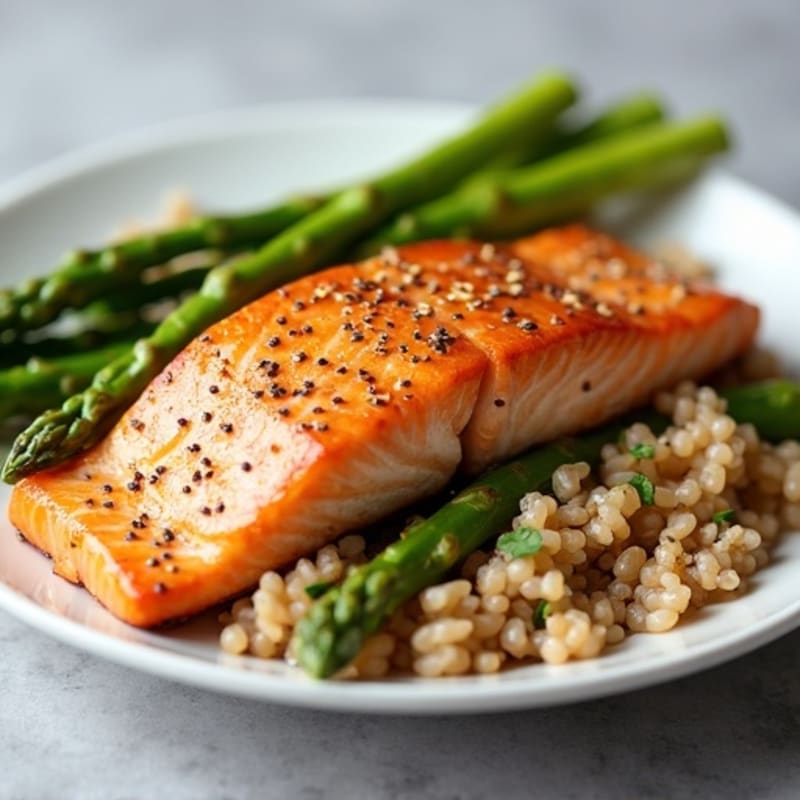 Seared Salmon with Steamed Asparagus and Brown Rice